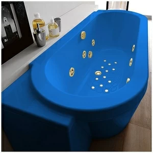 Ванна Gruppo treesse Playa V818Q-DX-GZ голубая с золотой фурнитурой гидромассажем, аэромассажем и дезинфекцией овальная угловая пристенная правая