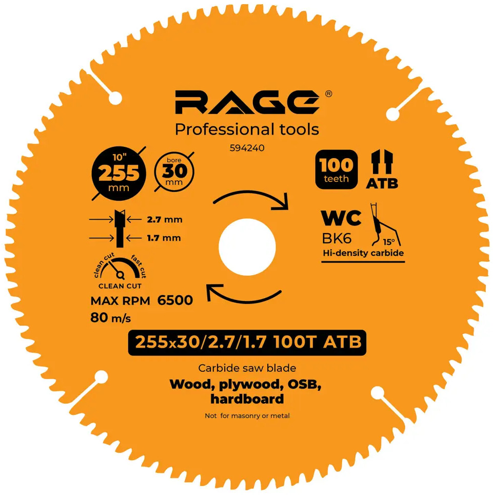 Пильный диск Rage для чистого реза по дереву с переходными кольцами 88928400