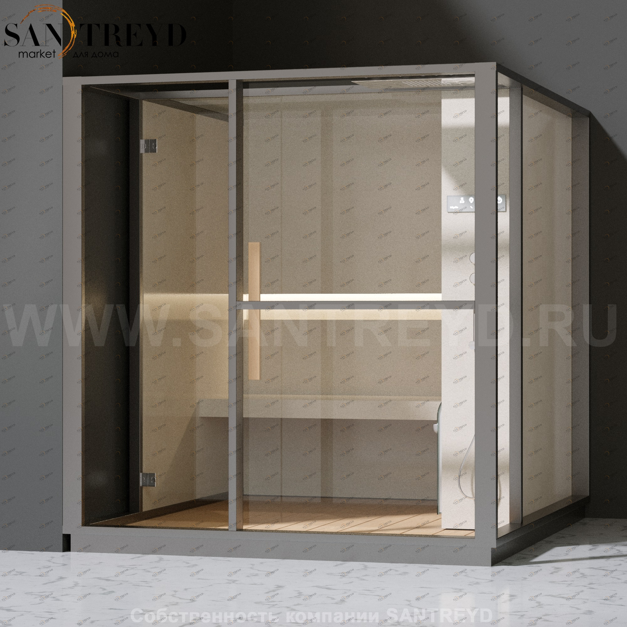 Effegibi LOGICA H LO30010005 Хаммам. Установка: в левый угол. Правая дверь. Мощность: 4,5 кВт макс. Размеры: длина 214 см, ширина 250 см. Отделка: матовый лакированный серый аллюминий и бежевый ламинат из керамогранита.