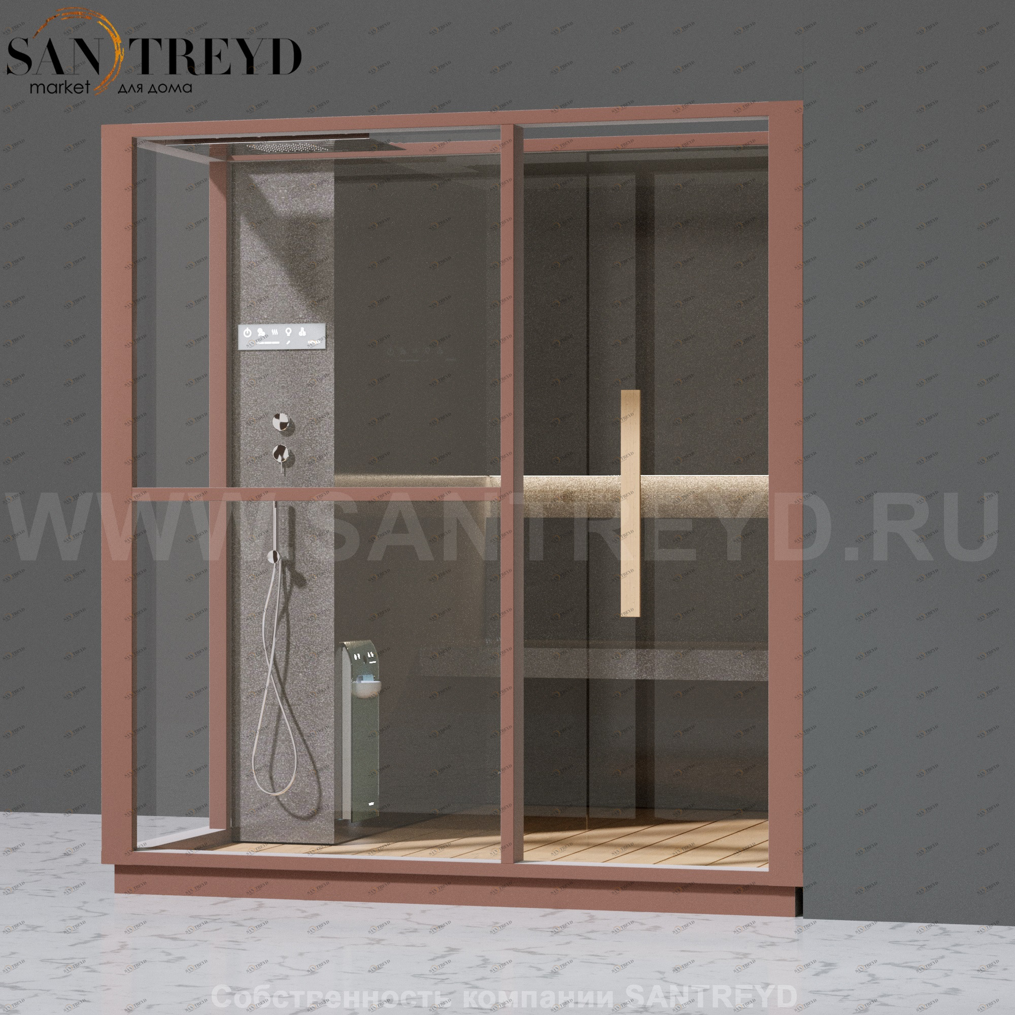 Effegibi LOGICA H LO30030008 Хаммам. Установка: в правый угол. Левая дверь. Мощность: 4,5 кВт макс. Размеры: длина 214 см, ширина 250 см. Отделка: матовый лакированный коричневый аллюминий и темный ламинат из керамогранита.