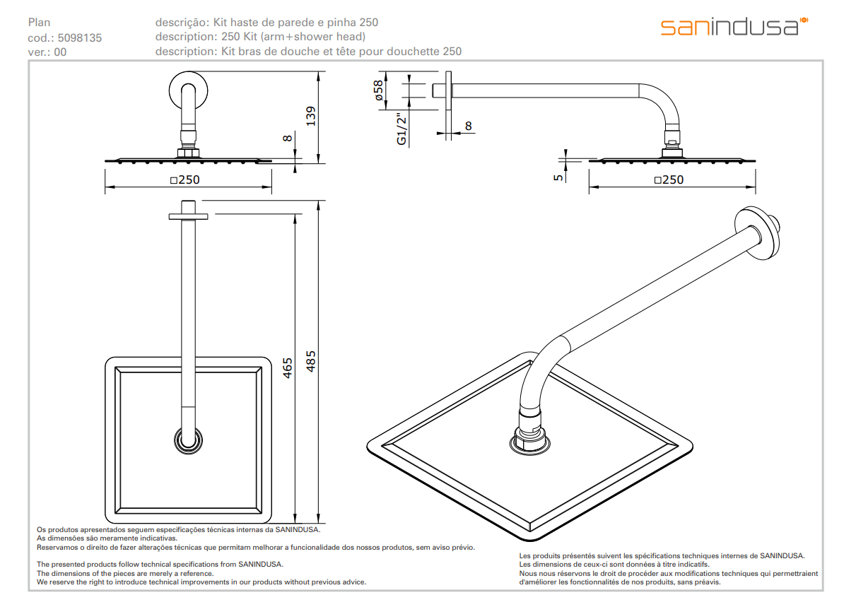 Верхний душ 250x250 mm Sanindusa Plan 509813511 - Вид №1
