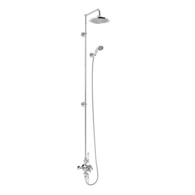 Burlington Термостатический душевой клапан Avon открытого типа с двумя выходами, удлиненный жесткий стояк, поворотный душевой кронштейн, трубка и держатель со шлангом с розеткой с белым акцентом и 6-дюймовой розой BAF3S.EXT-V16  - Вид №2