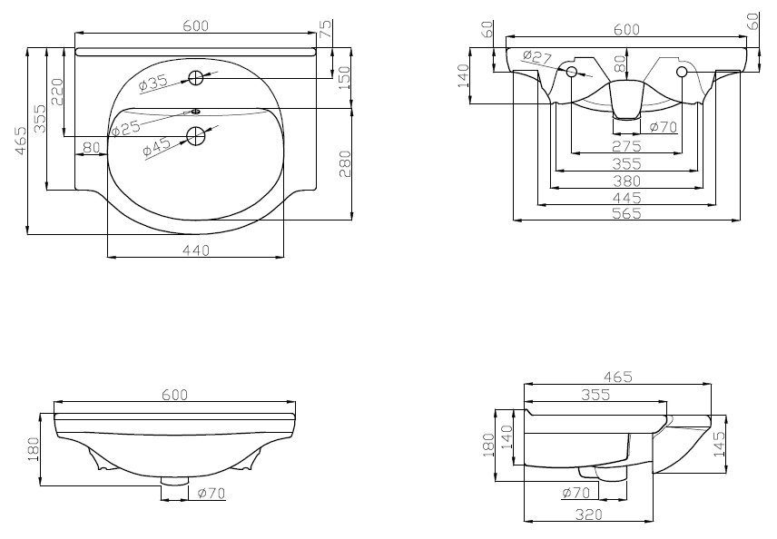 M95WCC0602WG раковина мебельная керамическая 60 см полувстроенная белый глянец Dorff Tradition  - Вид №2