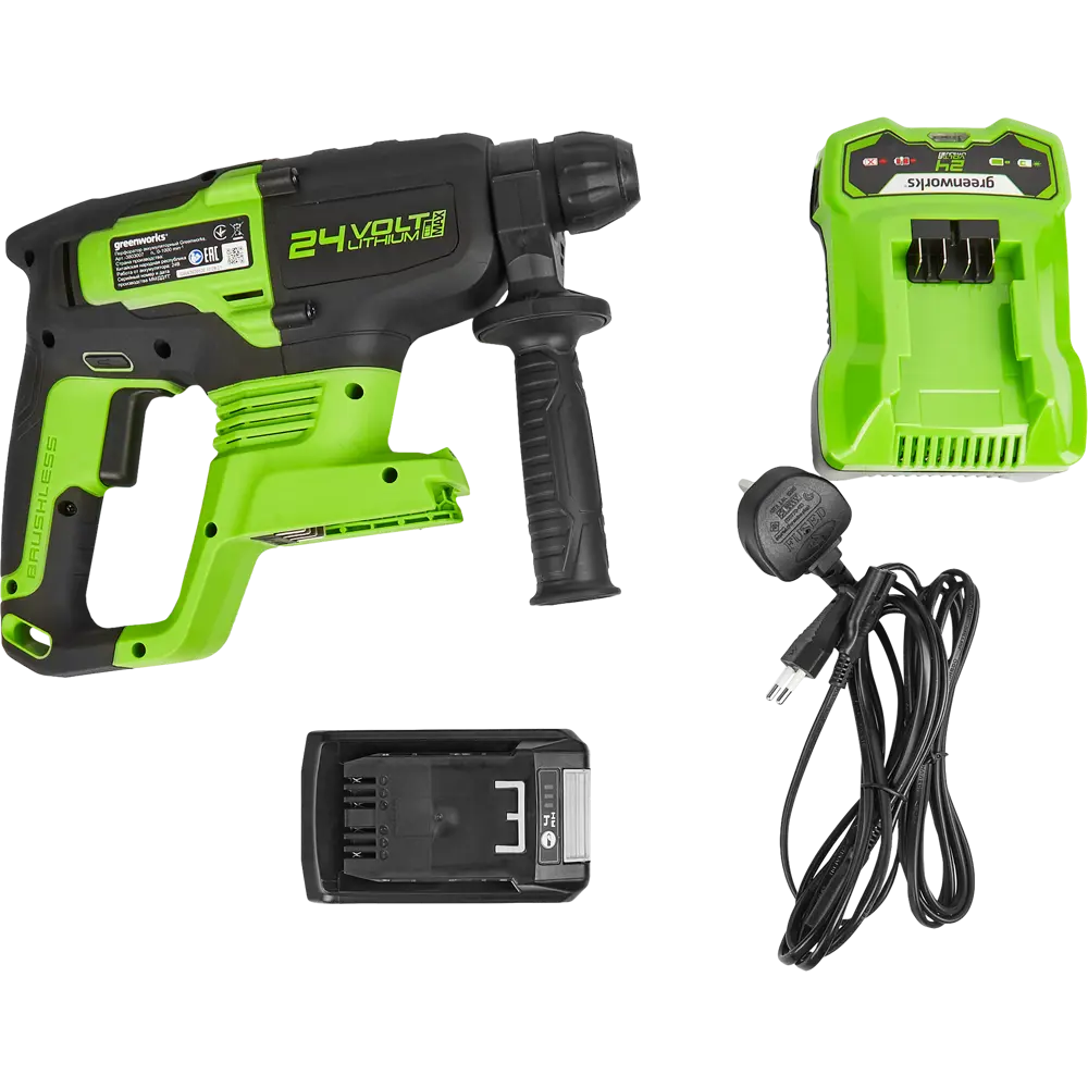 Перфоратор аккумуляторный бесщеточный SDS-plus Greenworks GD24SDS2, 24 В Li-Ion 4 Ач, 2 Дж STLM-2080321 - Вид №4