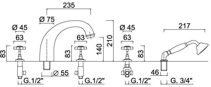 Rubinetteria Giulini Комплект для ванны на 5 отверстий с ручным душем Kensington 3760 - Вид №1