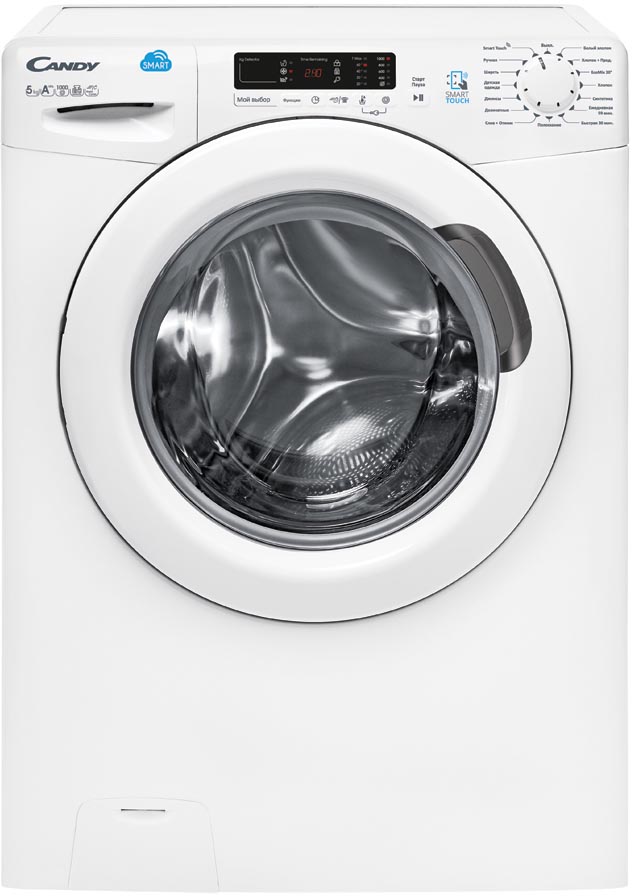 CS4 1052D1/2-07 Стиральная машина / узкая стиральная машина, 85x60x40, smart touch, загрузка фронтальная, 5кг, до 1000 об/мин при отжиме,таймер отсрочки старта, цифровой дисплей, белая Candy Santreyd 