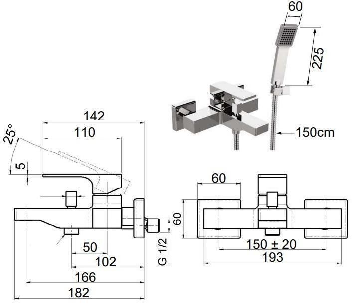 Remer Rubinetterie Смеситель для ванны настенный с ручным душем Absolute Au-02 - Вид №3