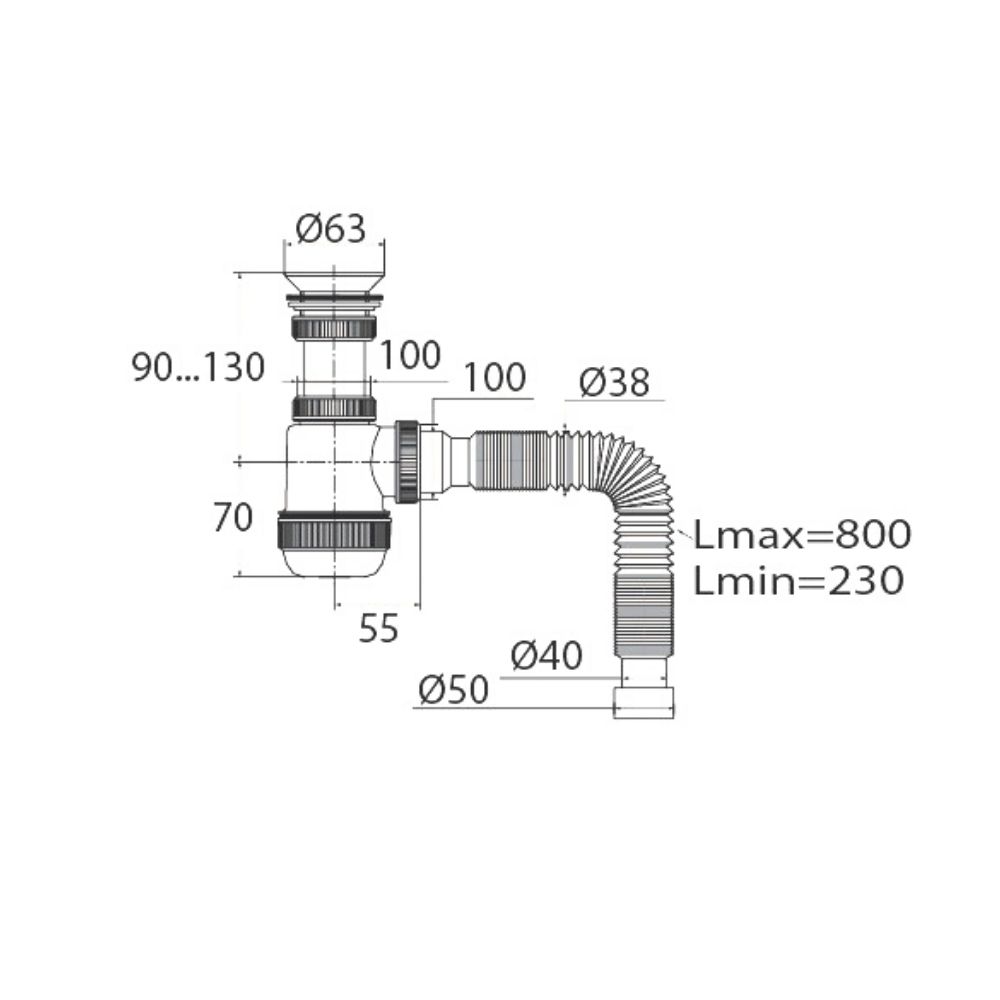 Сифон  "МИНИ Элит" (30986710) с пластиковым выпуском ?63 мми гибкой трубой  (?40-40/50) 30986710 Santreyd  - Вид №1