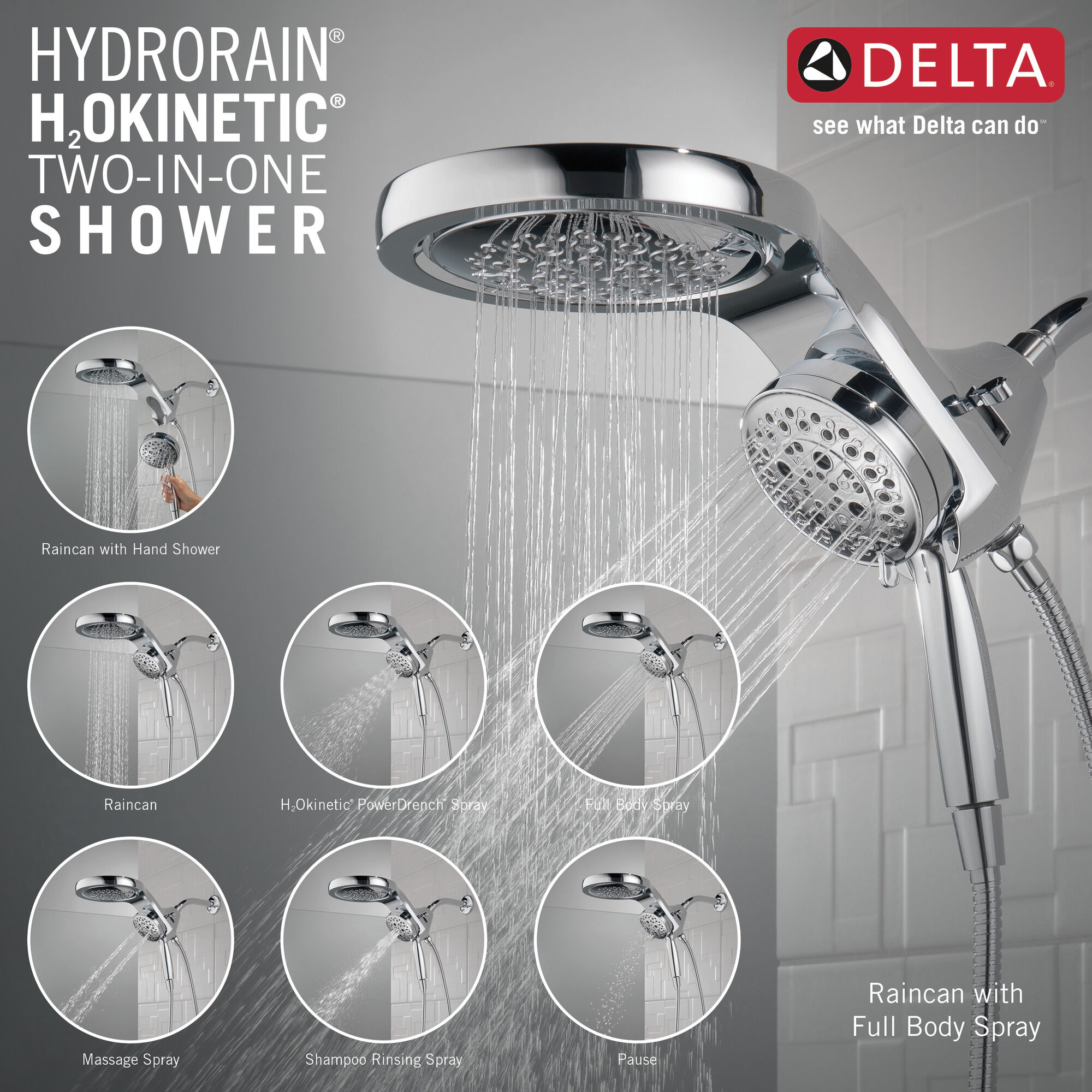 58680 HydroRain® H2Okinetic® 5-регулировочная душевая лейка два в одном Delta Faucet Universal Showering Хром  - Вид №2