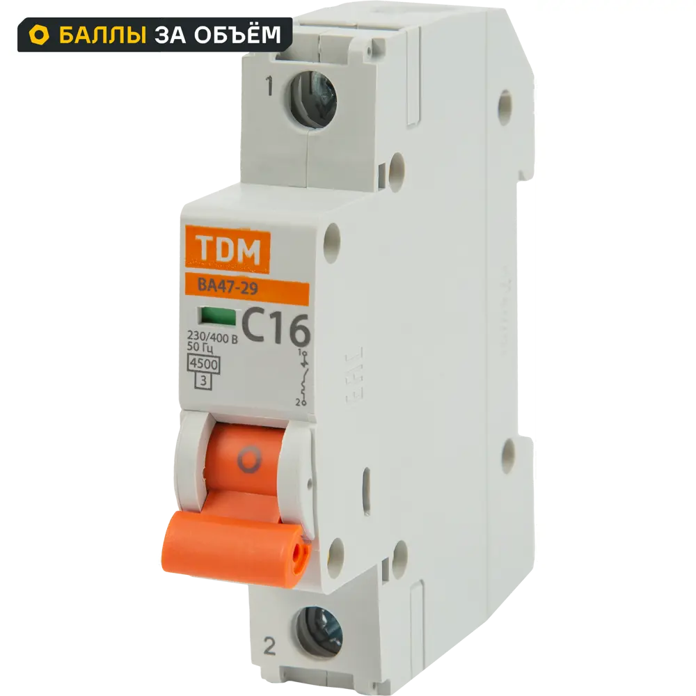 Автоматический выключатель TDM Electric ВА47-29 1P C16 А 4.5 кА SQ0206-0074 STLM-2193224
