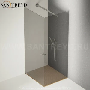 Душевое ограждение FLAT D подрезаемое, стеклянная с дверью дымчатая перегородка с держателем с поддоном из тика. Размеры: глубина от 70 до 100 см, длина от 70 до 140 см