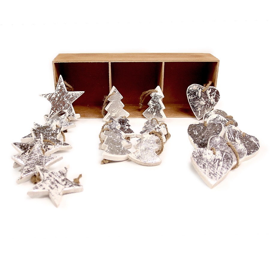 en_ny0012 Украшения подвесные silver stars/trees/hearts, деревянные, в подарочной коробке, 24 шт. EnjoyMe  - Вид №1
