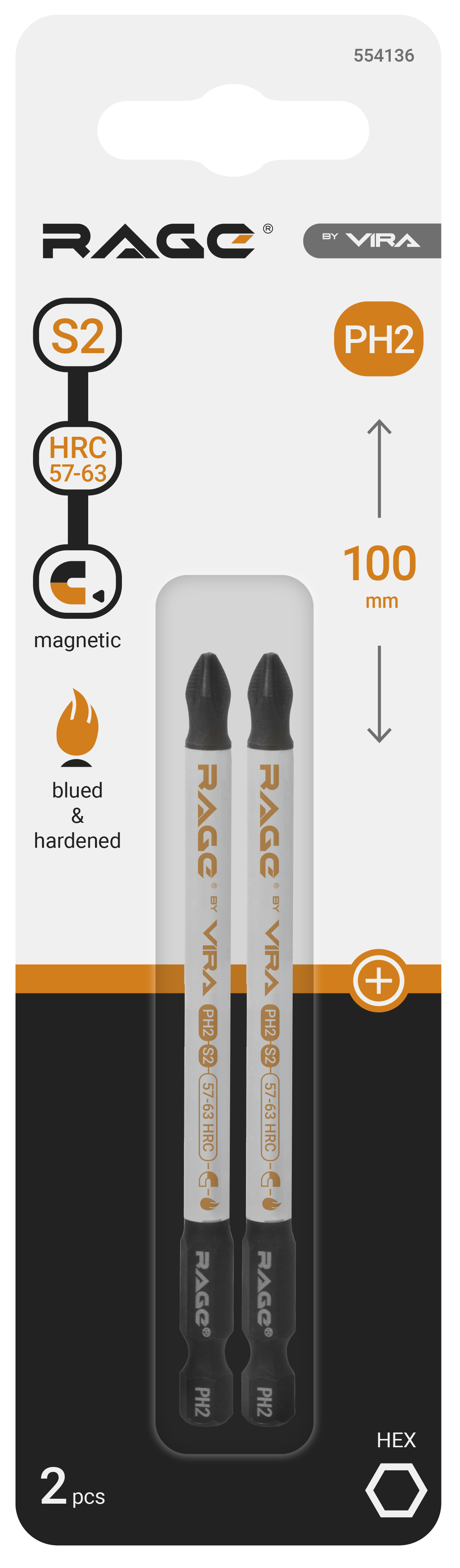 Магнитная бита Vira Rage PH2 100 мм для точного монтажа, 2 шт 86390070 STLM-0068436 - Вид №1