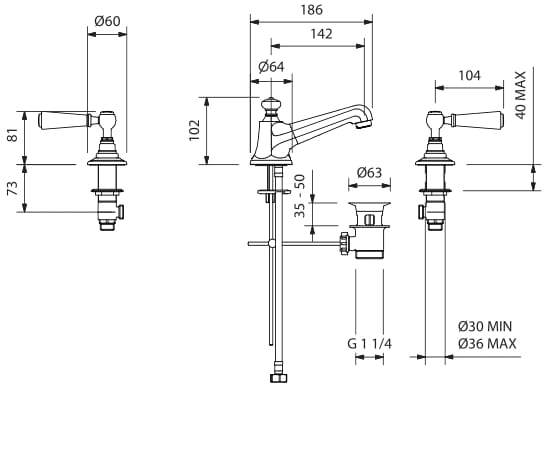 Смеситель для раковины с 3 отверстиями для пола с отдельными розетками Park Avenue Astaire ARCH-00006741 - Вид №2