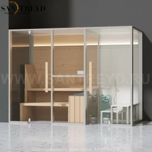 Effegibi MIDFILO LO71020002 Комбинированная баня: хаммам - душ и сауна. Установка: в левый угол. Мощность: 11 кВт макс. Размеры: длина 300 см, ширина 137 см. Отделка: канадский хемлок, матовый лакированный коричневый аллюминий и темный ламинат из керамогр