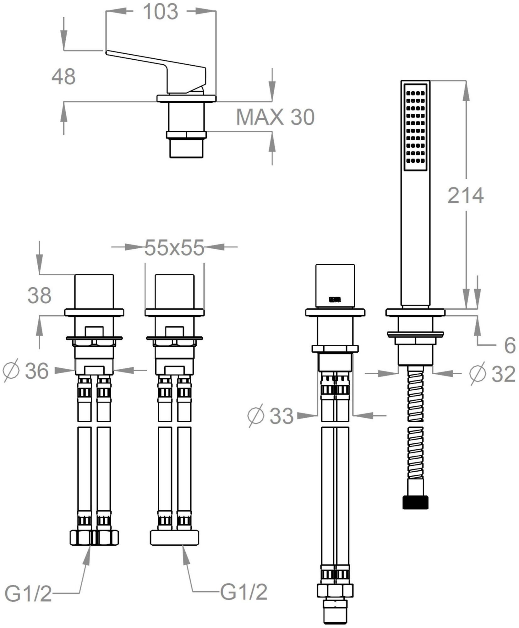 Fir Italia Комплект для ванны из латуни с ручным душем на 4 отверстия Kelio 63 6331504 - Вид №1