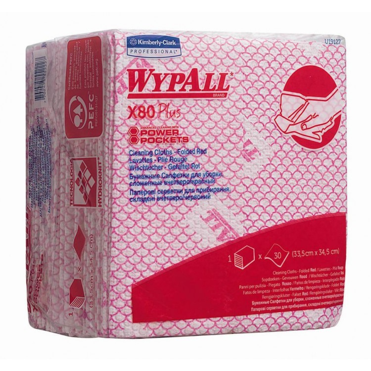 19127 Kimberly Clark Протирочные салфетки листовые Kimberly-Clark WypAll X80 Plus 19127 1-слойный 8 пачек по 30 листов, красный 
