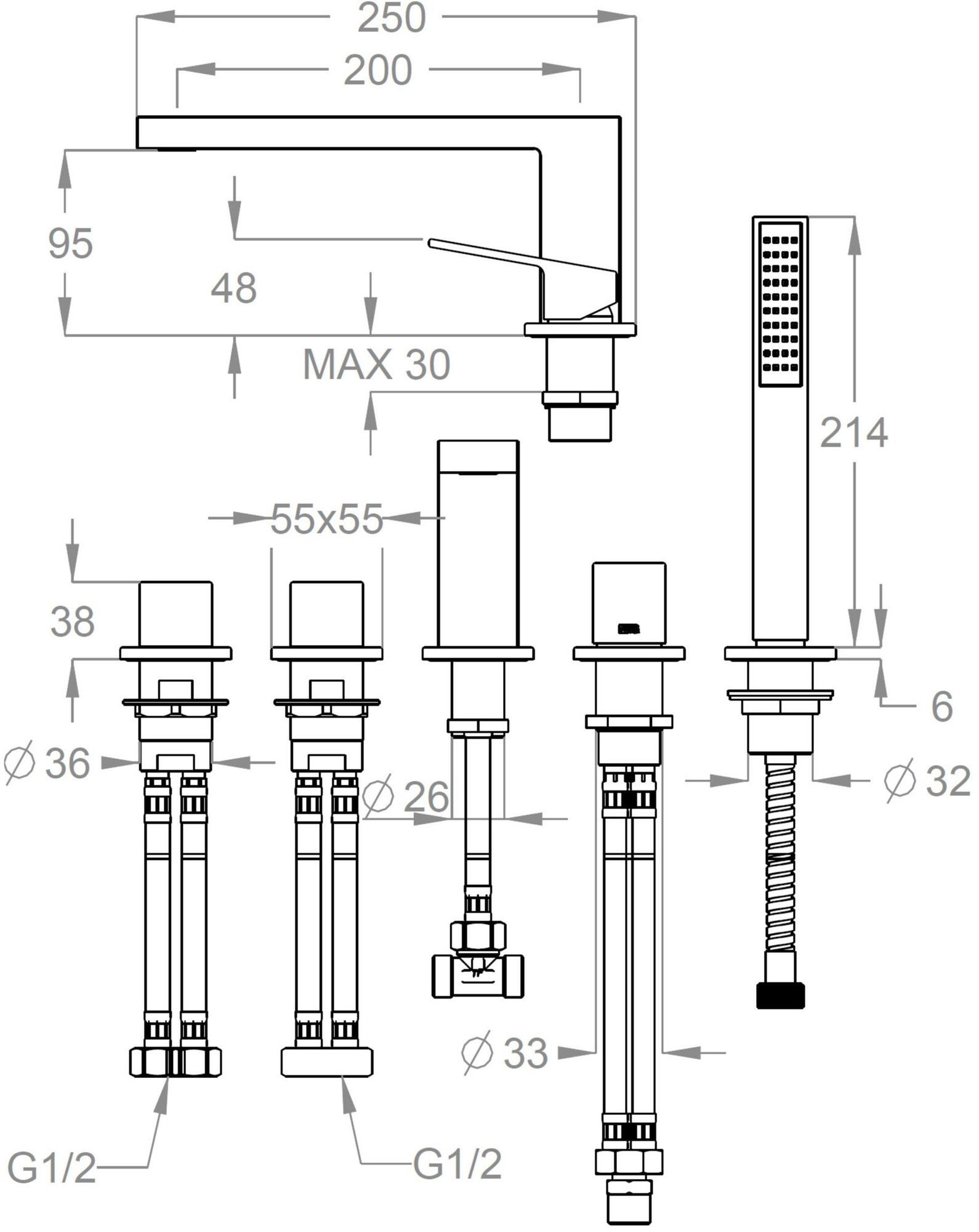 Fir Italia Встраиваемая ванна с 5 отверстиями и ручным душем Kelio 63 6331404 - Вид №2