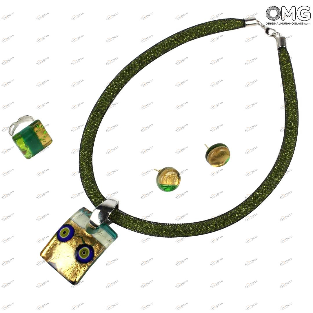 2118 ORIGINALMURANOGLASS Набор украшений Cortina зелёно-золотой из муранского стекла 54 см 