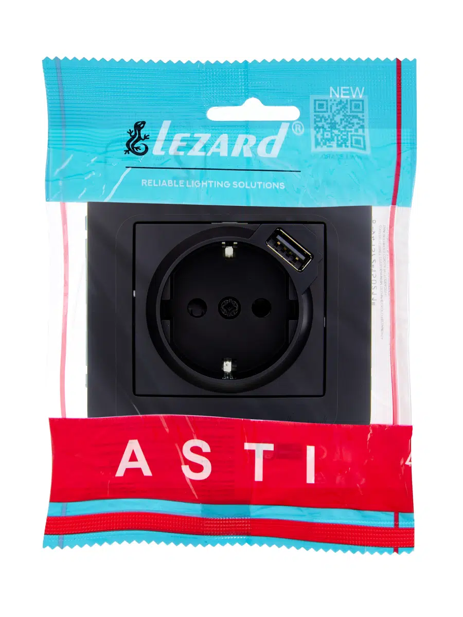 ASTI Розетка с/з + USB разъём чёрный бархат LEZARD 7081-4242-181 - Вид №3