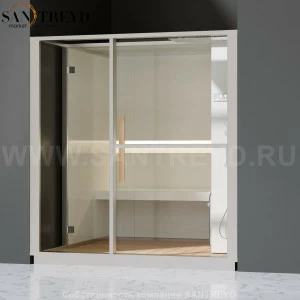 Effegibi LOGICA H LO30020009 Хаммам. Установка: в нишу. Правая дверь. Мощность: 4,5 кВт макс. Размеры: длина 214 см, ширина 250 см. Отделка: матовый лакированный белый аллюминий и серый ламинат из керамогранита.