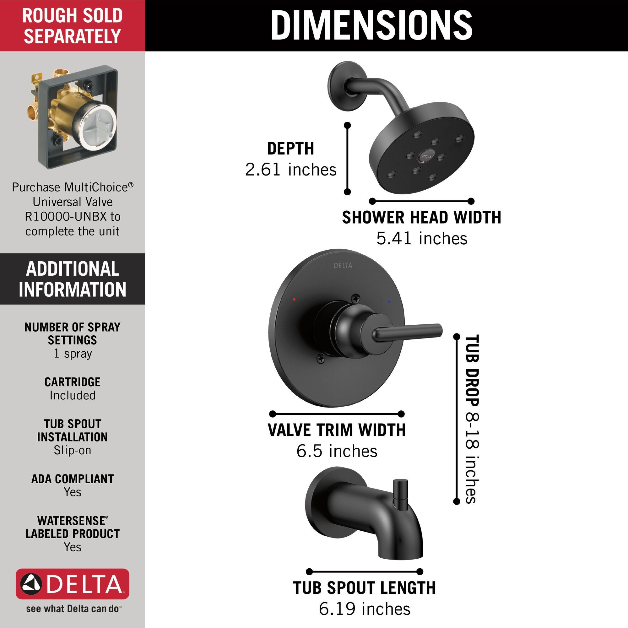 T14459-BL Monitor® 14 Series H2Okinetic® для ванны и душа Delta Faucet Trinsic Матовый черный  - Вид №3