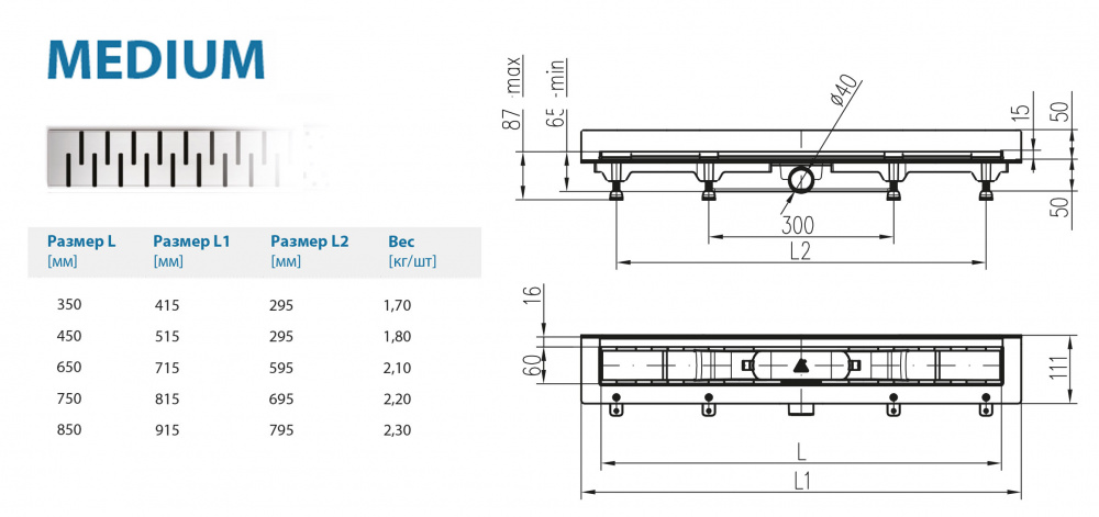 Водоотводящий желоб ALPEN Medium ALP-850MN2 к стене с рамкой  - Вид №1