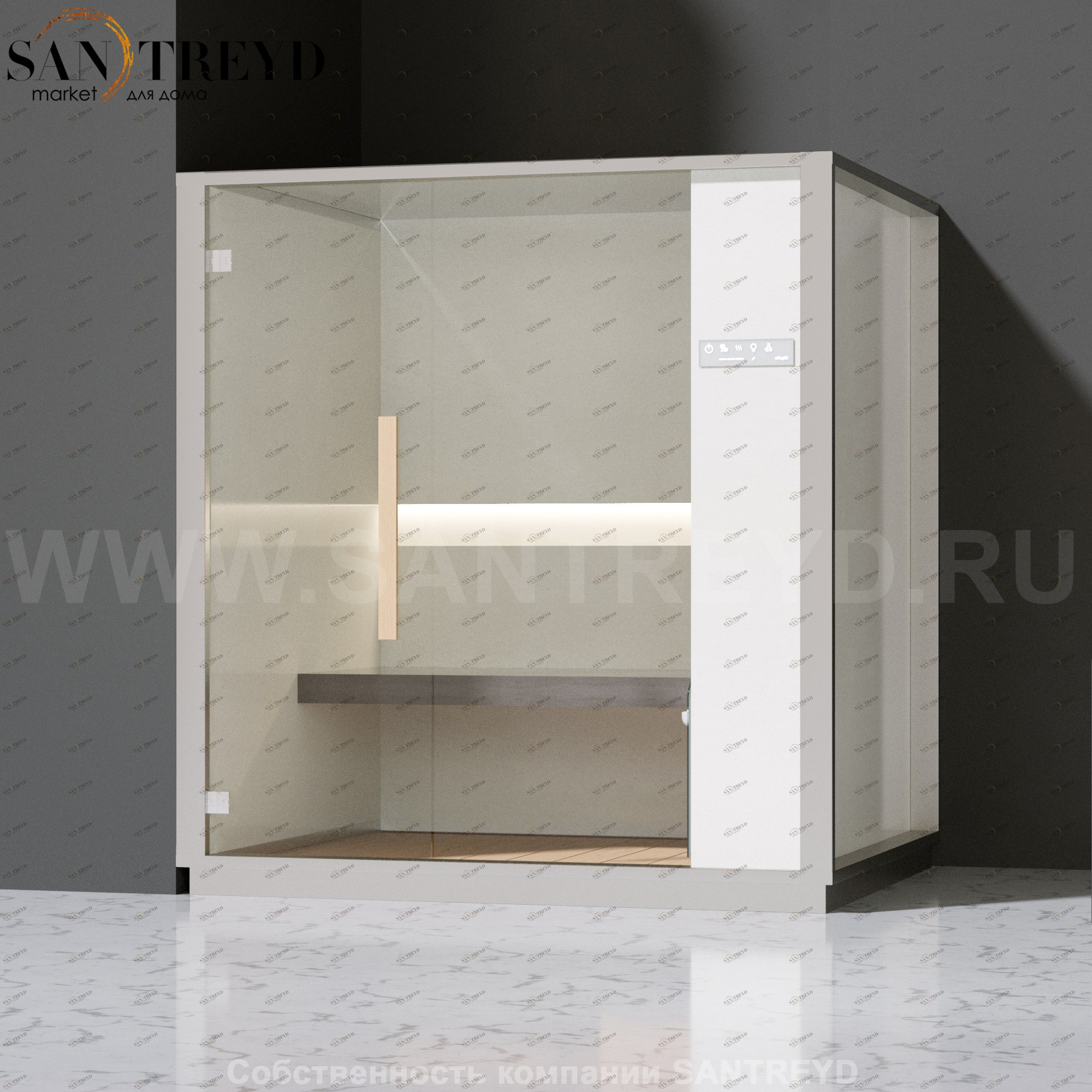 Effegibi ONE H LO60020005 Хаммам. Установка: в левый угол. Правая дверь. Мощность: 4,5 кВт макс. Размеры: длина 214 см, ширина 171 см. Отделка: матовый лакированный белый аллюминий и серый ламинат из керамогранита.