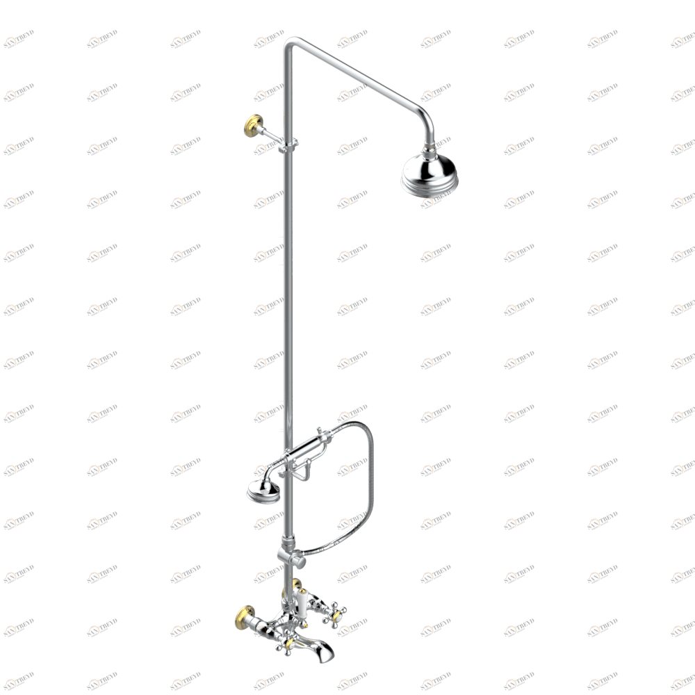 G25-13BCD Смеситель настенный для ванны/душа 1/2" с расстоянием между вентилями 150 мм (+ или - 22 мм), с душевой колонной с переключателем, настенной скобой, ручным душем, шлангом 1.5 м, держателем на стержне и 120 мм верхним душем Thg-paris 1900 Хром-зо G25 13BCD CAT.A