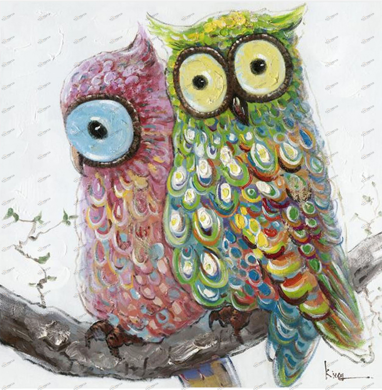 Картина на холсте 100х100 см "Совы" EVENHOME КАРТИНЫ МАСЛОМ 129789 Бежевый;зеленый;розовый 