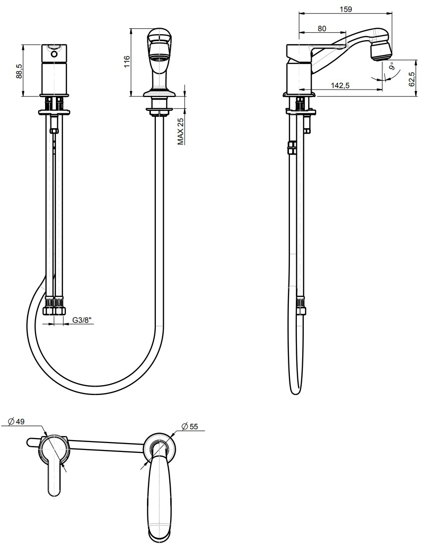 Rubinetterie Frattini Однорычажный для парикмахерской со съемным душем Mocca sun-id-1468682 - Вид №1