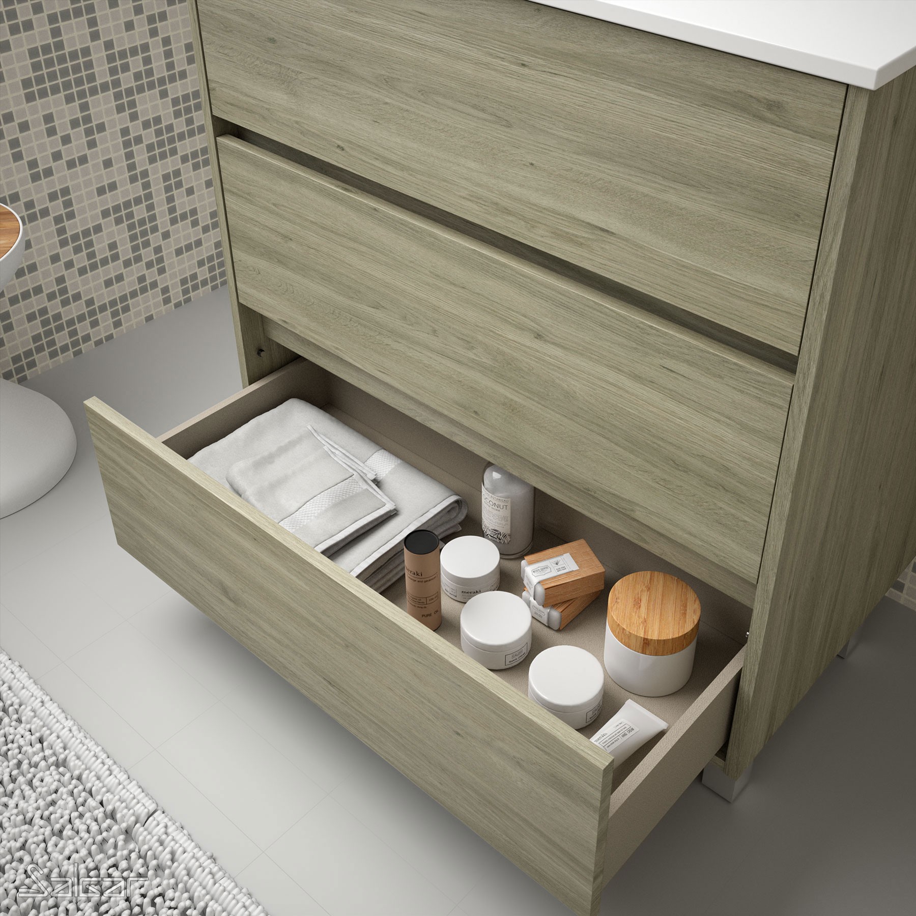 85102 SALGAR Комплект мебели для ванной ARENYS 600 ETERNITY OAK + Раковина + Зеркало + Свет Робл Вечность - Вид №1