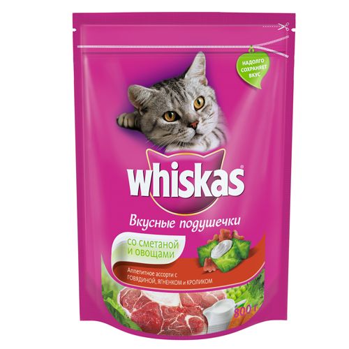 ПР0029613 Корм для кошек ВИСКАС подушечки овощи, сметана говядина, ягненок, кролик сух. 800г WHISKAS 