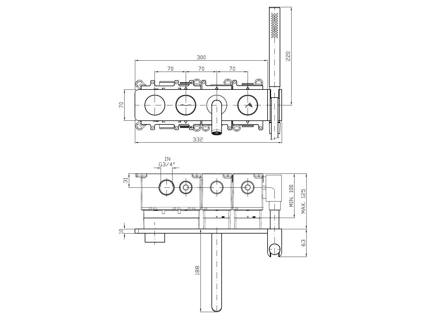 Термостатический смеситель для душа с 5 отверстиями и ручным душем Zucchetti Hoop ARCH-00129300 - Вид №15