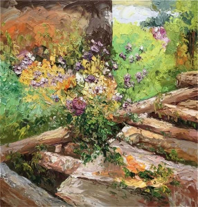 Картина на холсте 100х100 см "Мост в деревне" EVENHOME КАРТИНЫ МАСЛОМ 129901 Бежевый;голубой;зеленый