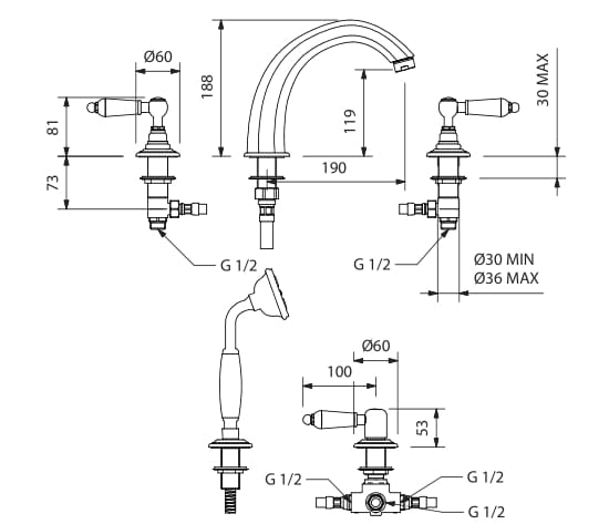 Смеситель для ванны с 5 отверстиями и отдельными розетками Park Avenue Caruso ARCH-00035620 - Вид №2