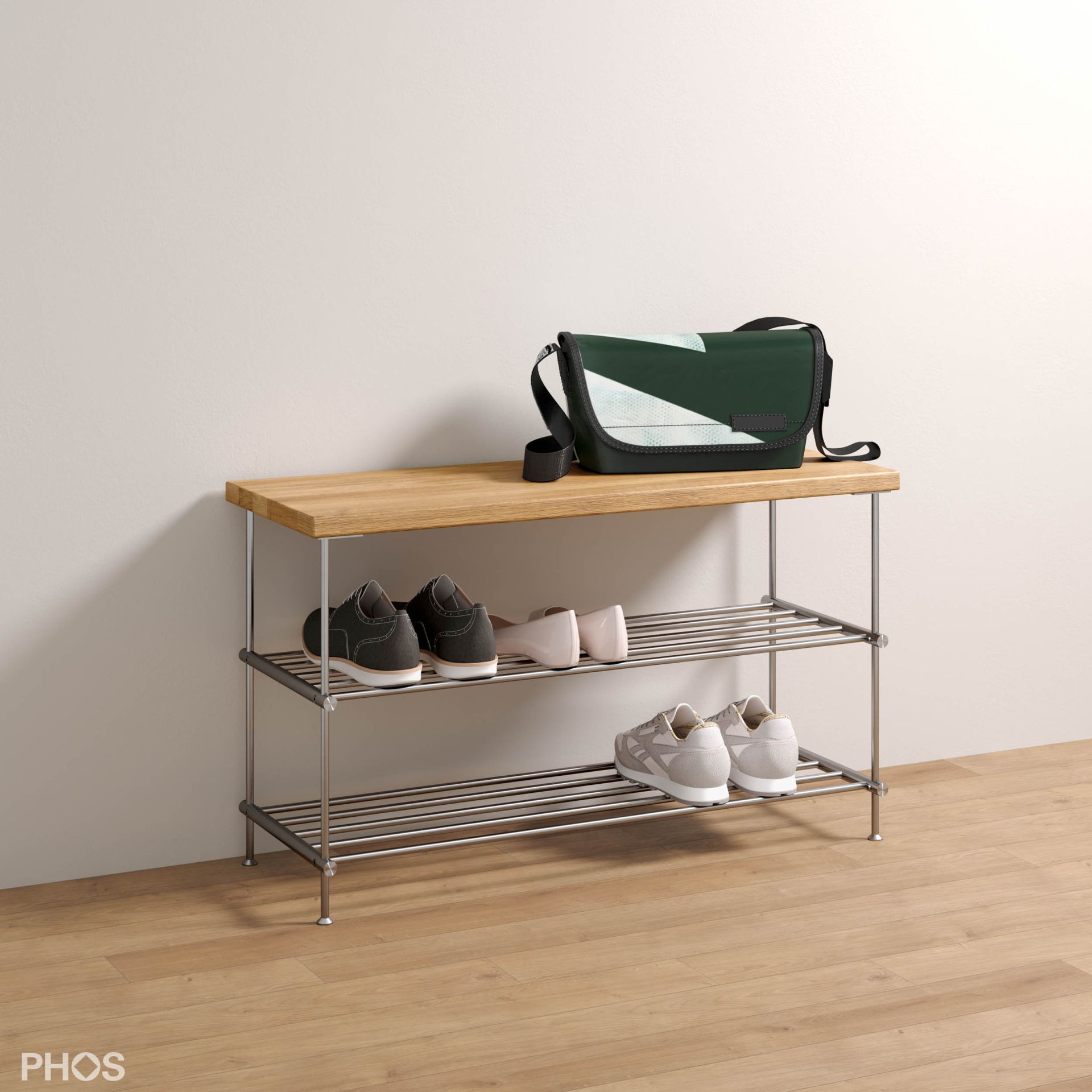 SB600-2-Eiche Скамья для обуви из дуба, 1 поле, 2 уровня, ширина 65 см PHOS  - Вид №2