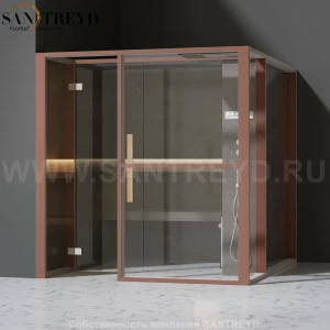 Effegibi LOGICAFILO H LO31030005 Хаммам. Установка: в левый угол. Правая дверь. Мощность: 4,5 кВт макс. Размеры: длина 214 см, ширина 250 см. Отделка: матовый лакированный коричневый аллюминий и темный ламинат из керамогранита.