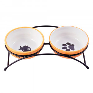 ПР0059061 Миска для собак и кошек на подставке двойные оранжевая 2x290мл КерамикАрт