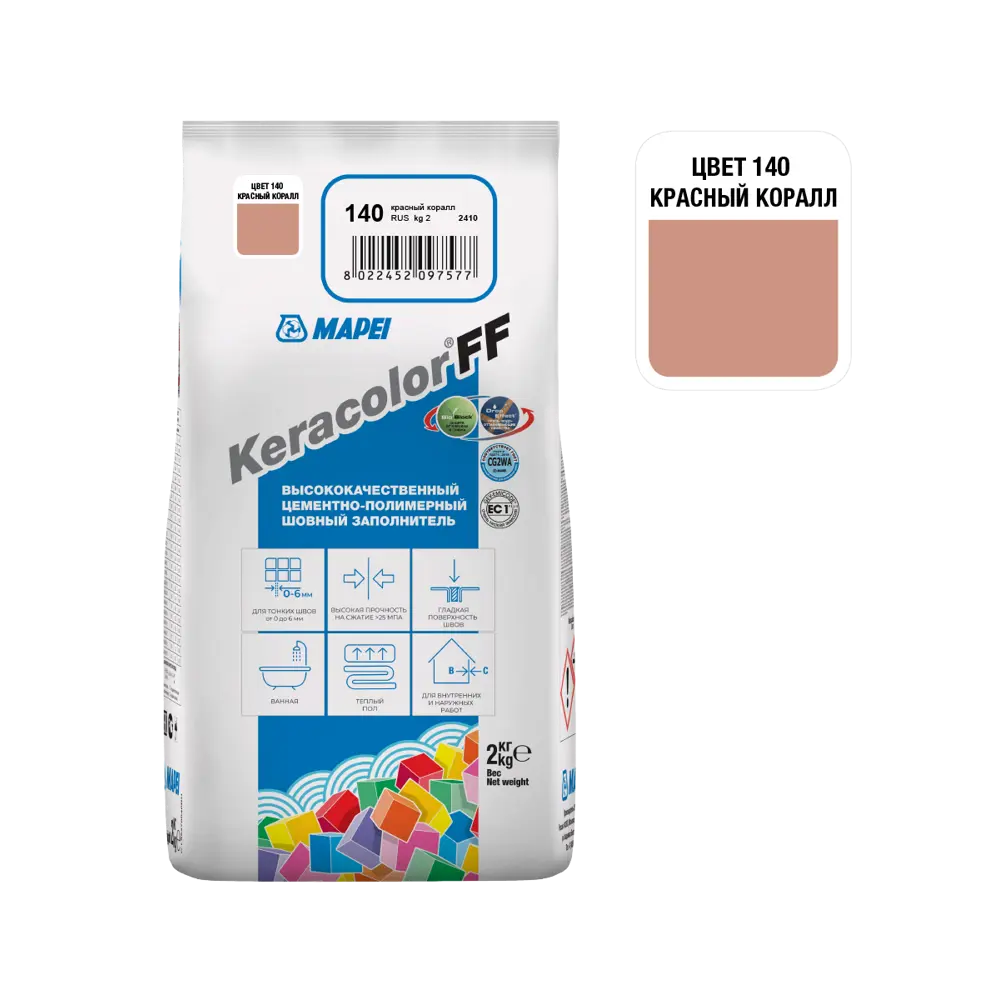 Затирка цементная Mapei Keracolor FF 140 цвет красный коралл 2 кг Без серии STLM-2147300 - Вид №1