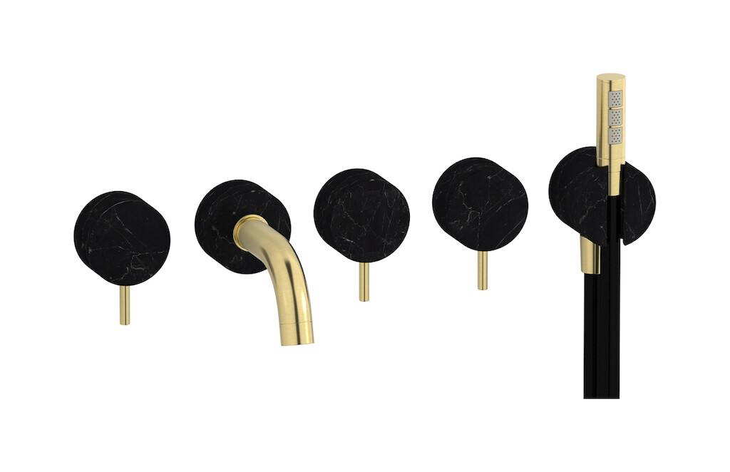 Настенный смеситель для ванной на 5 отверстий с дивертером и душевым гарнитуром. WE ARE IB mr398is_2 Brushed Pale Gold Marmo